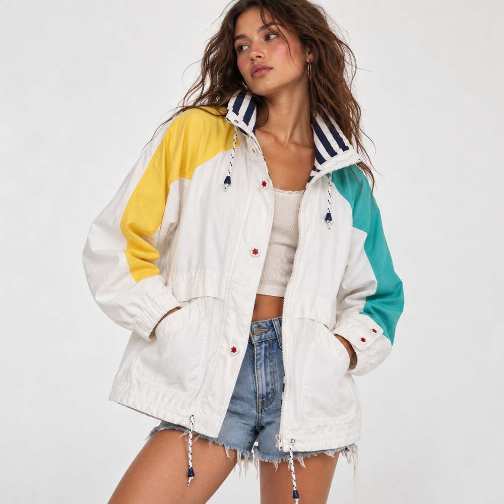 Vintage IZZI Spirit Nautical Maritime Colorblock Raincoat Size S Retro Y2K 90s